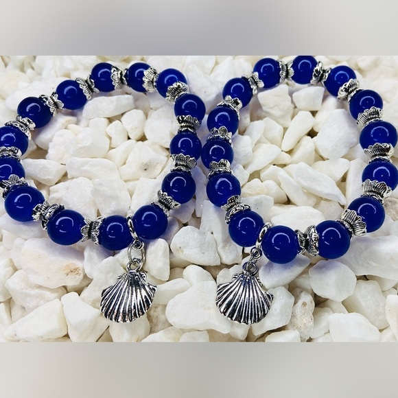 no brand Jewelry - Nautical Blue Beaded Bracelet with Silver Shell Charm